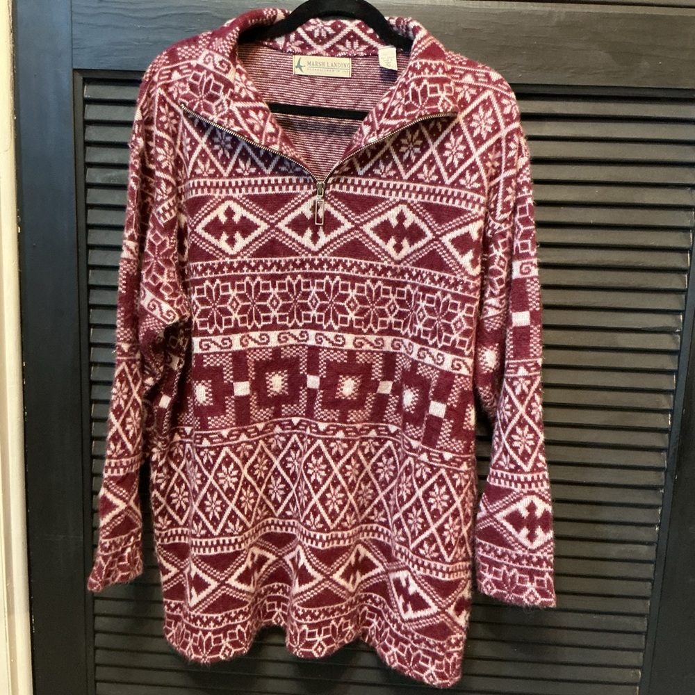 Marsh Landing Burgundy and White Geometric Sweater